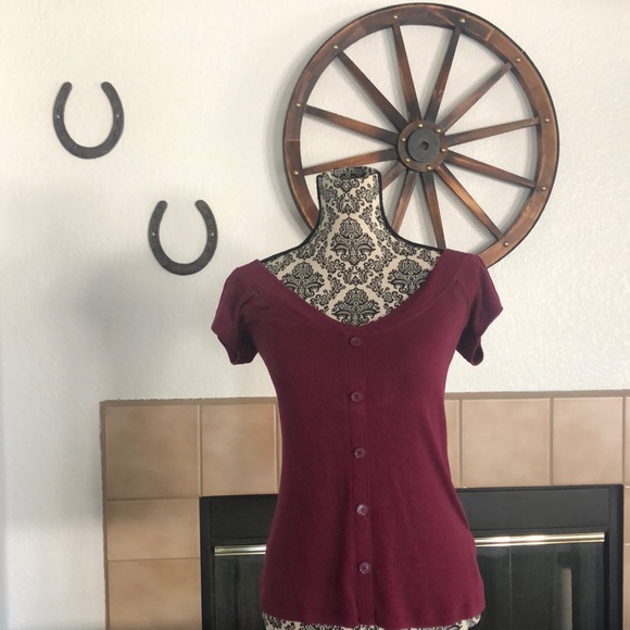 V Neck Burgundy Ribbed Blouse - Picture 1 of 4